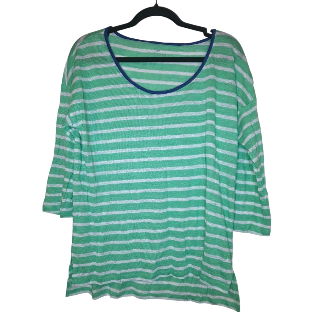 TALBOTS Green/White Stripe Linen Top - Size Small